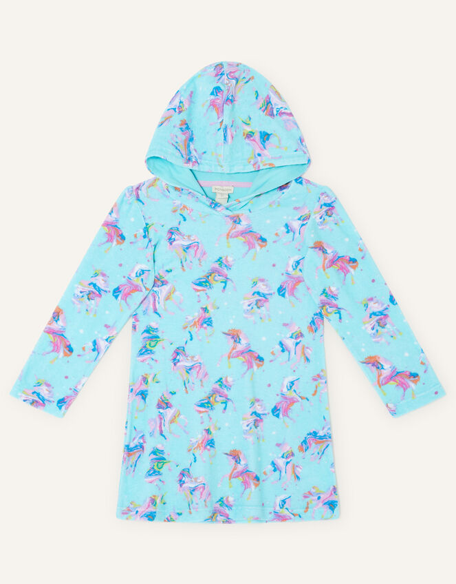 Unicorn Print Towelling Dress, Blue (TURQUOISE), large