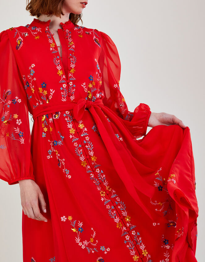 Emily Embroidered Shirt Dress in Recycled Polyester, Red (RED), large