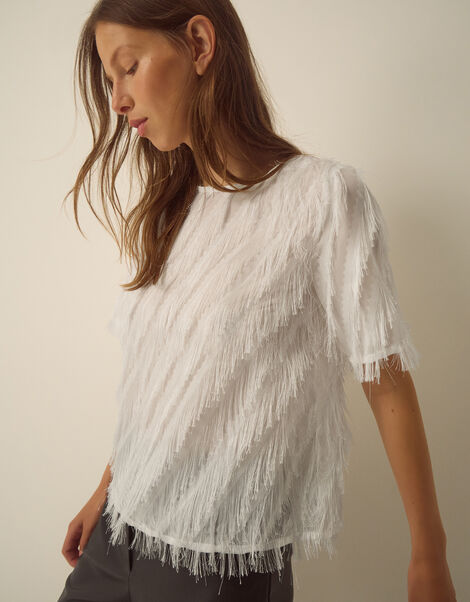Fadia Short Sleeve Fringe Top, Ivory (IVORY), large