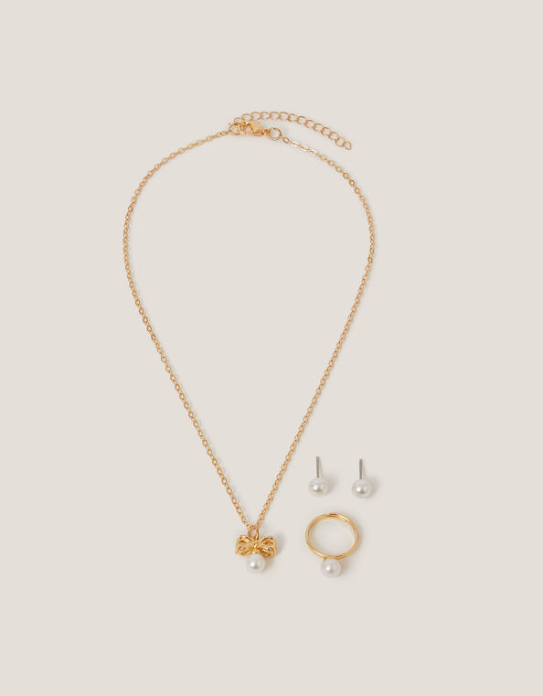 Pearl Bow Pendant Jewelry Set, Gold (GOLD), large