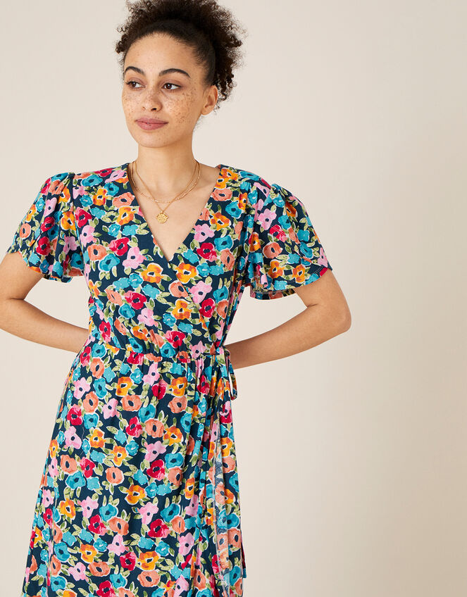 Tallulah Floral Jersey Wrap Dress, Teal (TEAL), large