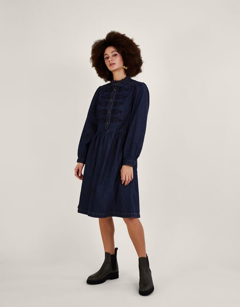Nautical Denim Knee Length Dress in Sustainable Cotton, Blue (DENIM BLUE), large