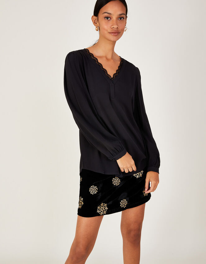 Emma Lace Trim Blouse in LENZING™ ECOVERO™, Black (BLACK), large