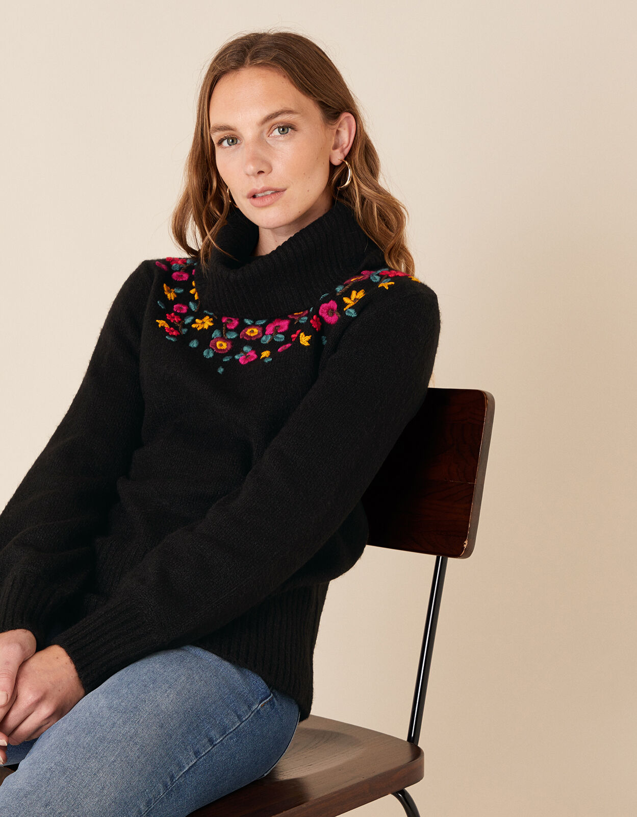 Floral Embroidered Yoke Knit Jumper Black Jumpers Monsoon Global