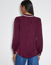 Thea Satin Bow Collar Blouse, Red (BURGUNDY), large
