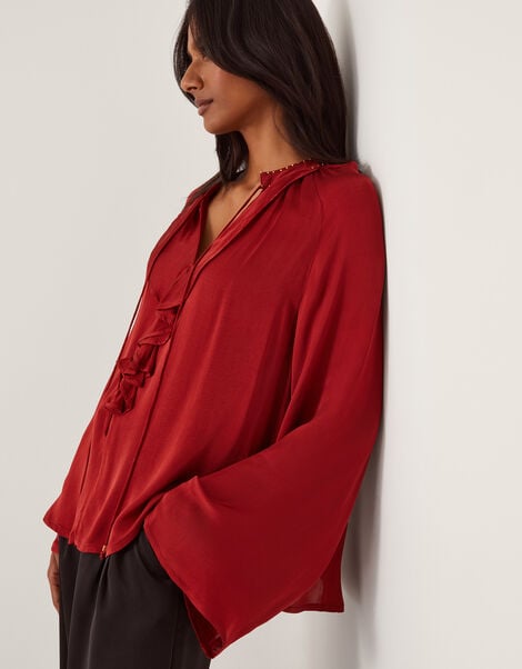 Arlette Frill V-Neck Blouse, Red (BURGUNDY), large