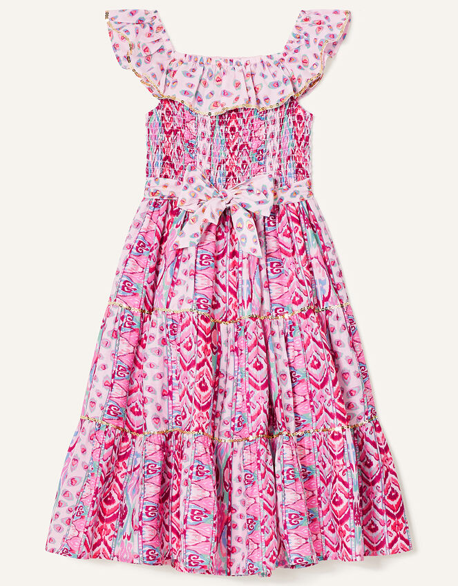 Aztec Shirred Frill Dress, Pink (PINK), large
