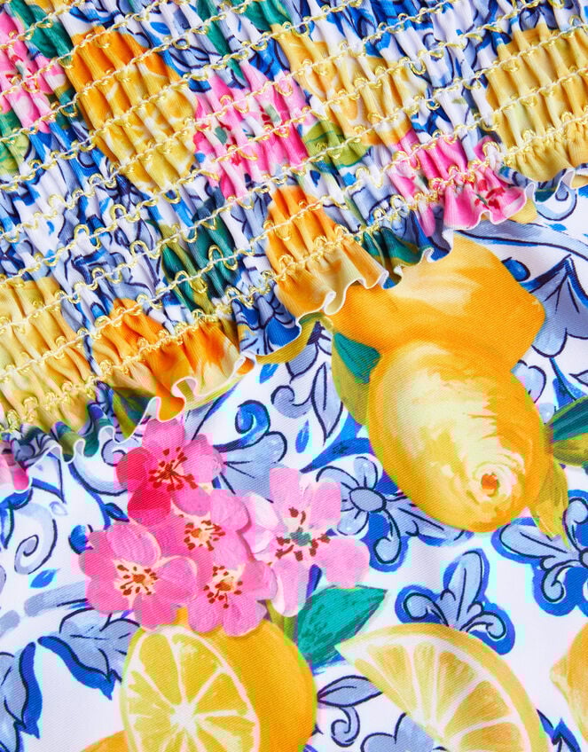 Lemon Print Smocked Swimsuit, Yellow (YELLOW), large