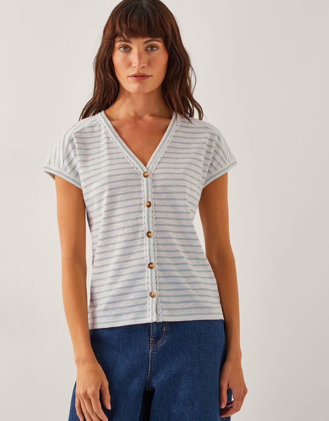 Sasha Button Stripe T-Shirt, Ivory (IVORY), large