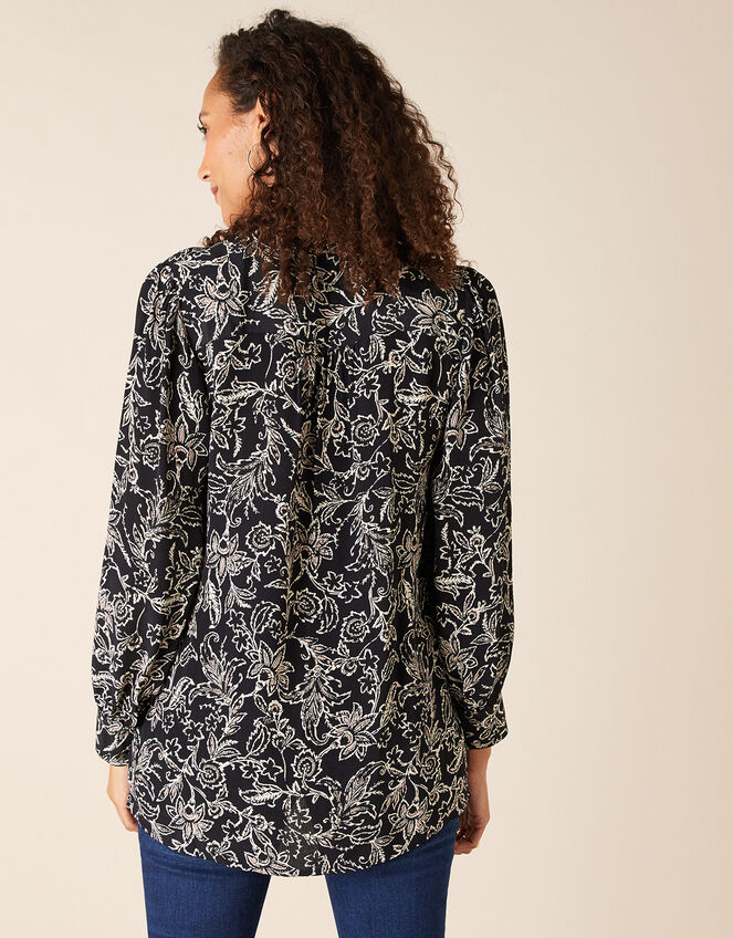 Lace Trim Floral Blouse in Sustainable Viscose, Black (BLACK), large
