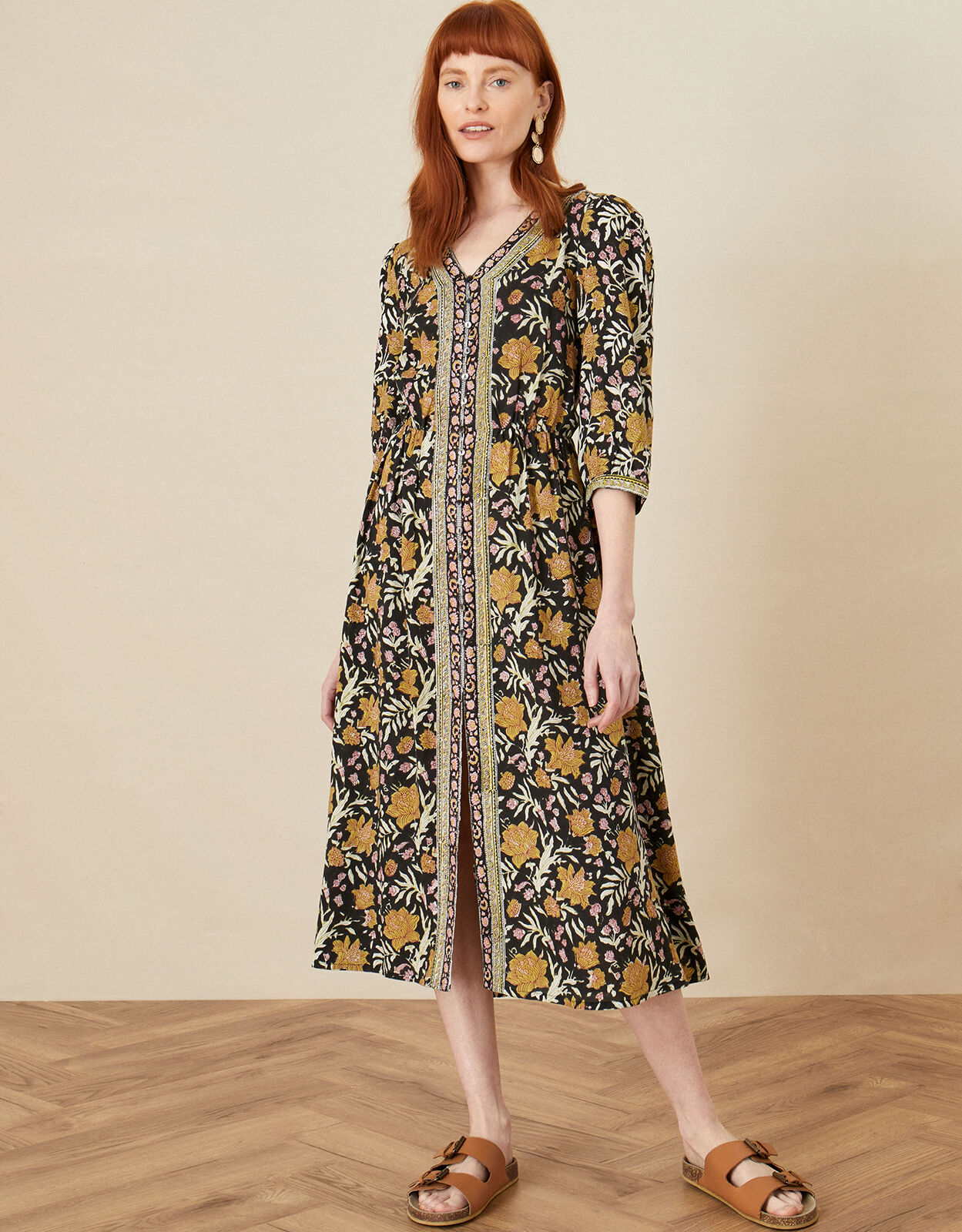 ARTISAN STUDIO Woodblock Floral Fauna Dress Black