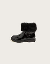 Patent Butterfly Faux Fur Trim Boots, Black (BLACK), large