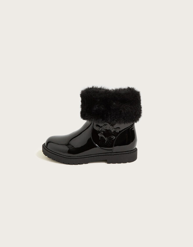 Patent Butterfly Faux Fur Trim Boots, Black (BLACK), large
