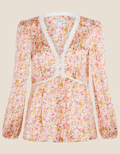 Ditsy Print Button Through Blouse with Recycled Polyester, Cream (CREAM), large