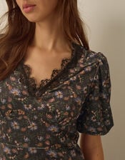 Carly V-Neck Floral Print Velvet Midi Dress, Brown (BROWN), large