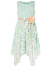 Josie Lace Hanky Hem Dress with Corsage, Green (MINT), large