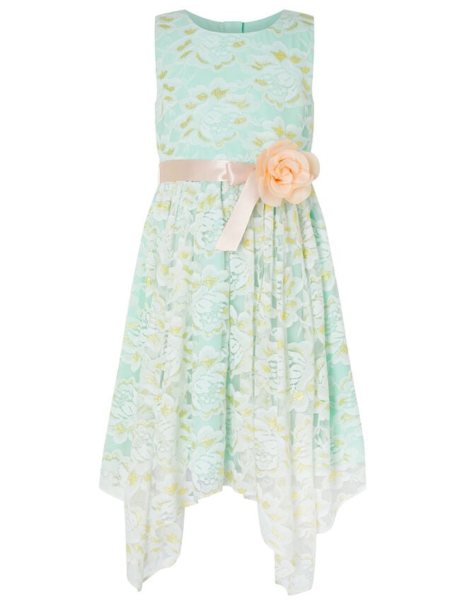 Josie Lace Hanky Hem Dress with Corsage, Green (MINT), large