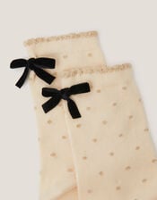 Glitter Spot Bow Socks, Cream (CREAM), large