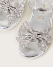 Diamante Bow Metallic Sandals, Silver (SILVER), large
