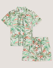 Palm Print Cotton Shirt & Shorts Set, Ivory (IVORY), large