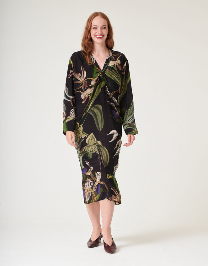 One Hundred Stars Orchid Crepe Midi Dress, Black (BLACK), large