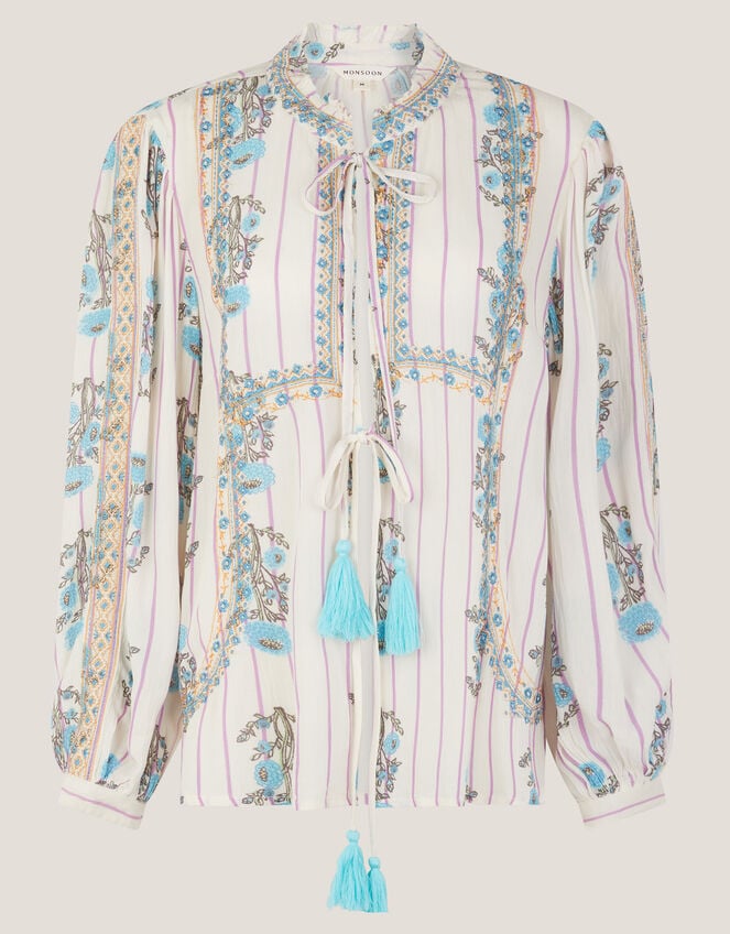 Elora Floral Stripe Tie Blouse, Ivory (IVORY), large