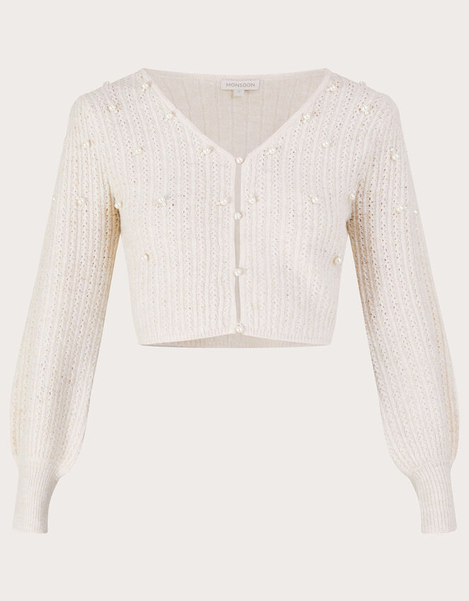 Pointelle Pearl Short Cardigan with Recycled Polyester, Ivory (IVORY), large