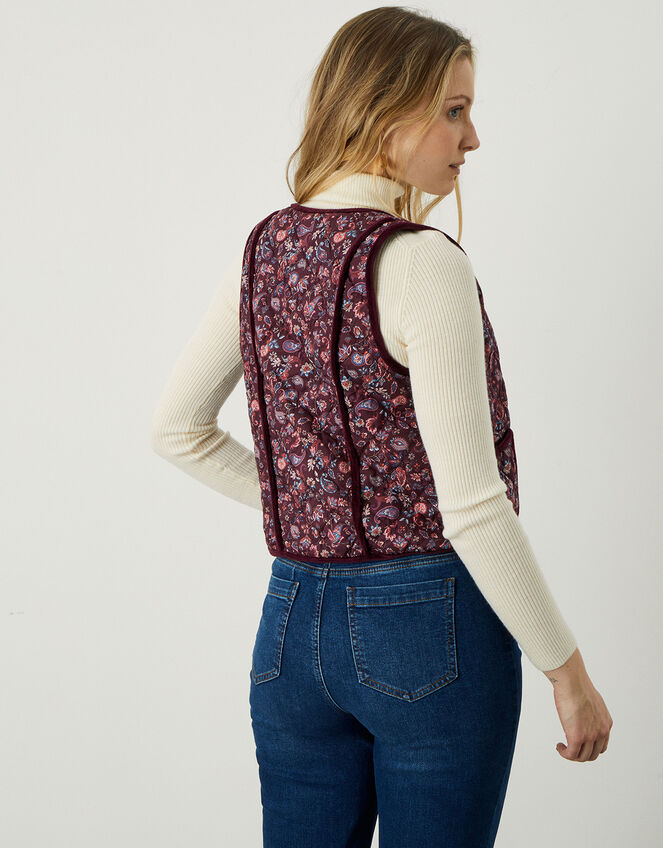 Paisley Print Quilted Waistcoat with Sustainable Cotton, Red (BURGUNDY), large