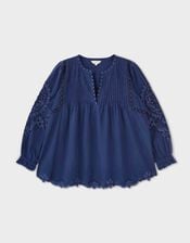 East Pavlina Embroidered Cotton Top, Blue (NAVY), large