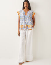Cece Woodblock Print Top, Blue (BLUE), large
