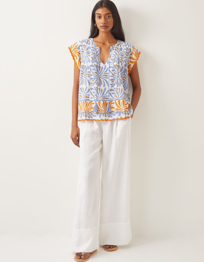 Cece Woodblock Print Top, Blue (BLUE), large