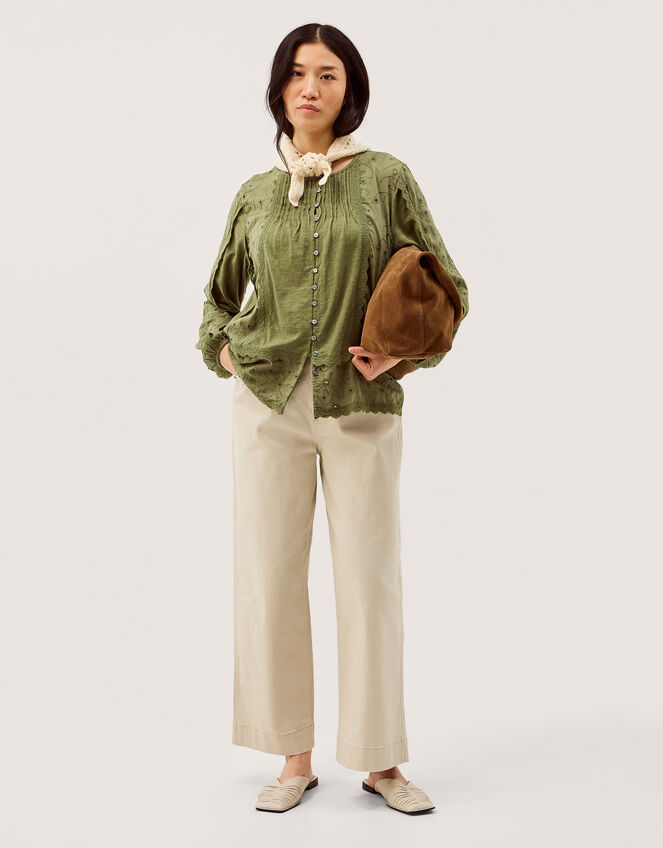 Joss Floral Embroidered Jersey Top, Green (KHAKI), large