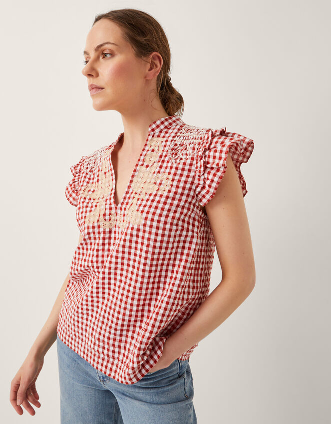 Greta Embroidered Gingham Top, Red (RED), large