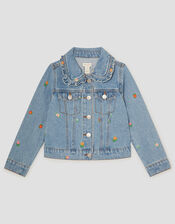 Floral Embroidered Denim Jacket, Blue (BLUE), large