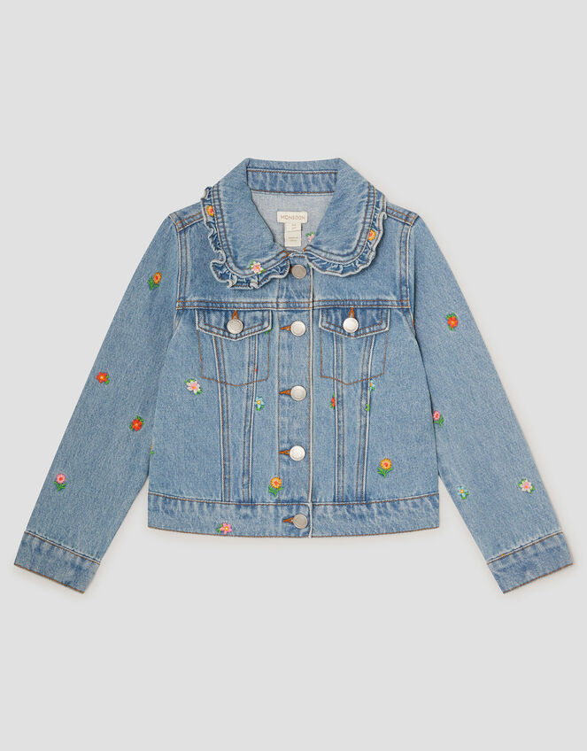 Floral Embroidered Denim Jacket, Blue (BLUE), large