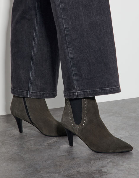 Oriana Suede Stud Heeled Boots, Green (OLIVE), large