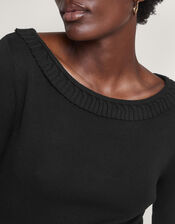 Pleat Trim Slash Neck Midi Dress, Black (BLACK), large