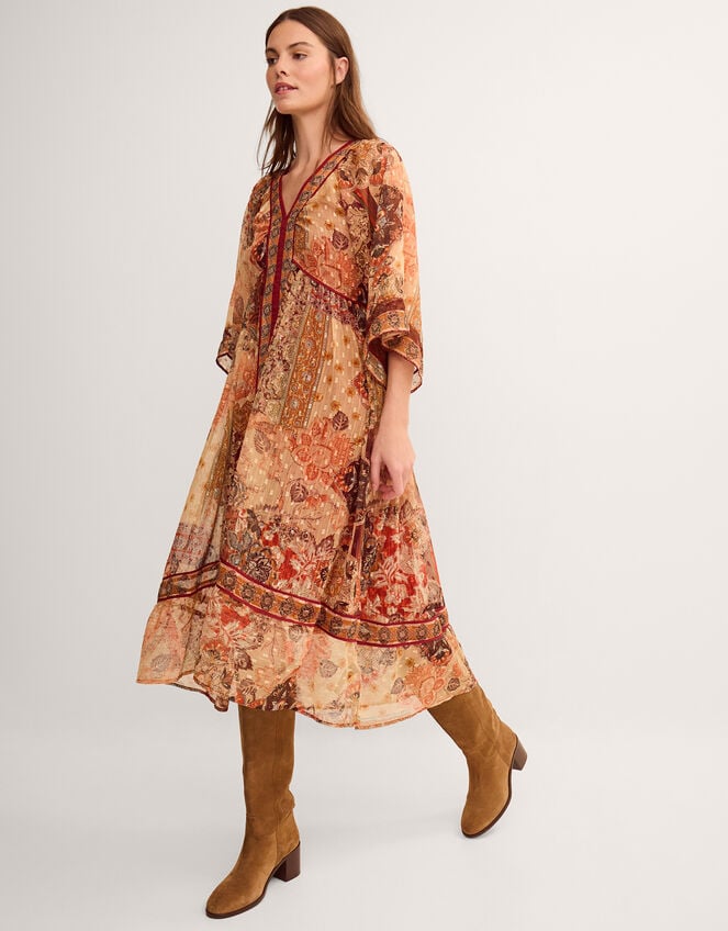 Evelina Shimmer Floral Print Midi Dress, Brown (BROWN), large