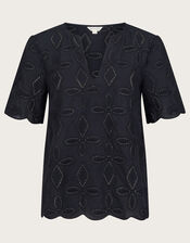 Brooke Short Sleeve Broderie Top , Black (BLACK), large