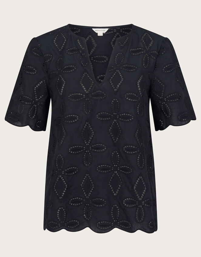 Brooke Short Sleeve Broderie Top , Black (BLACK), large