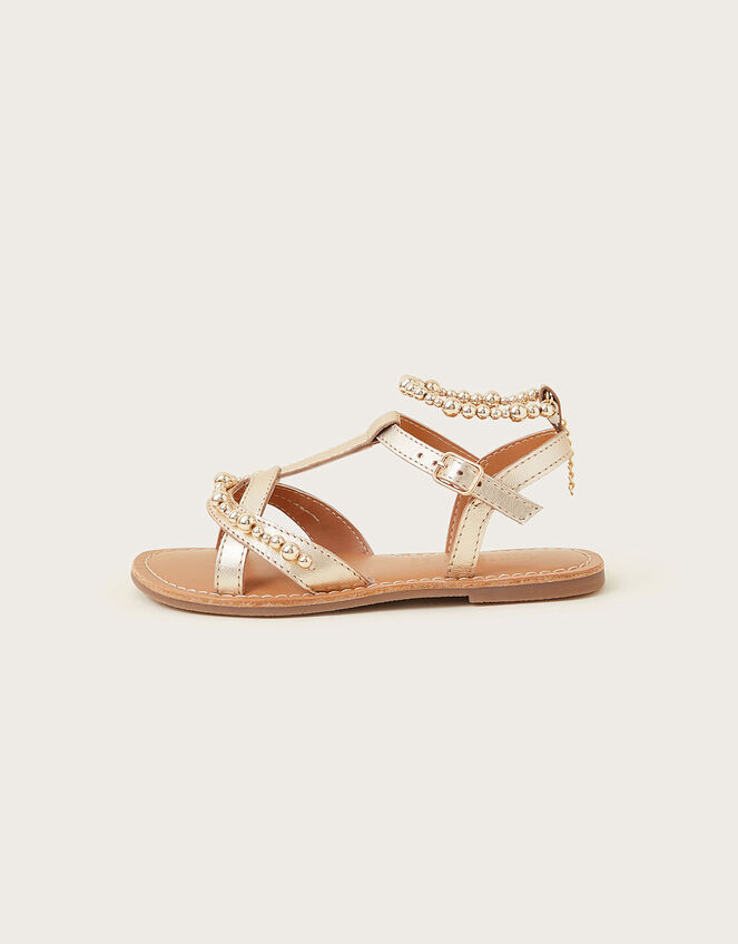 Leather Beaded Anklet Sandals, Gold (GOLD), large