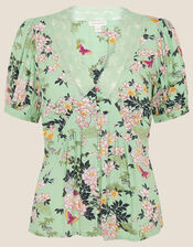 Print Lace Trim Blouse, Green (GREEN), large