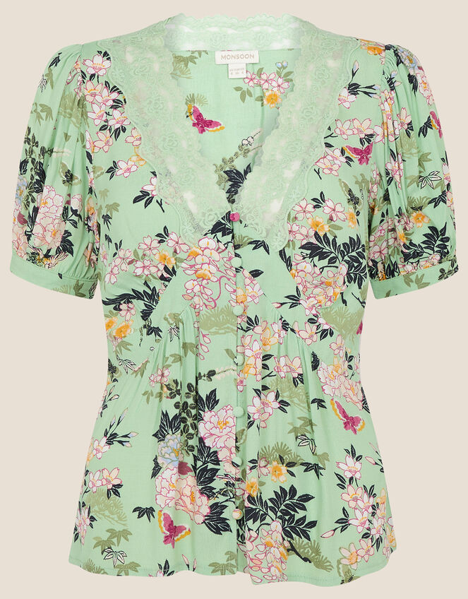 Print Lace Trim Blouse, Green (GREEN), large
