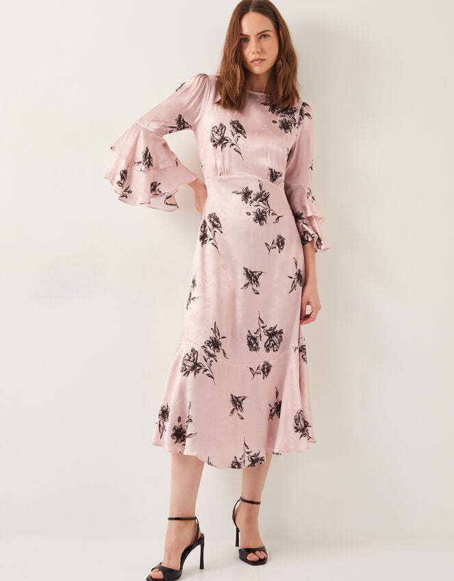 Pelia Floral Satin Ruffle Midi Dress, Pink (PINK), large