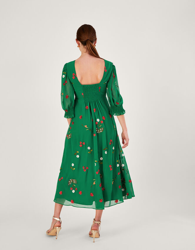 Simone Button Through Embroidered Dress in Recycled Polyester, Green (GREEN), large