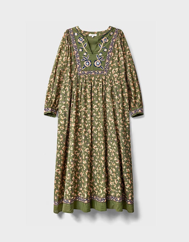 East Darney Floral Print Embroidered Dress, Green (KHAKI), large
