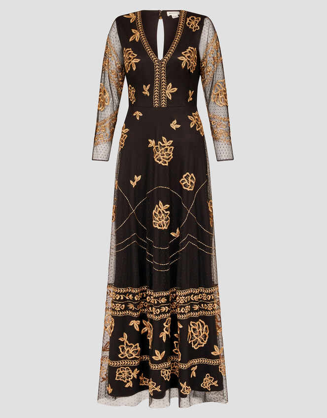 Grace Embroidered Mesh Sleeve Maxi Dress, Black (BLACK), large