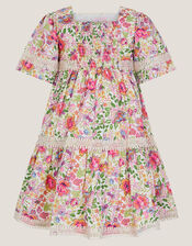 Floral Print Short Sleeve Tiered Dress, Ivory (IVORY), large