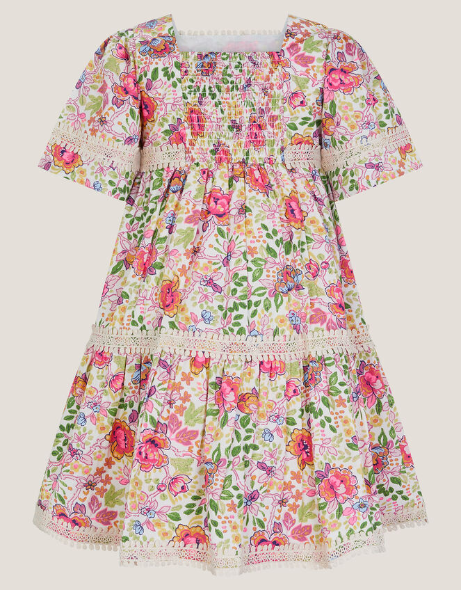 Floral Print Short Sleeve Tiered Dress, Ivory (IVORY), large
