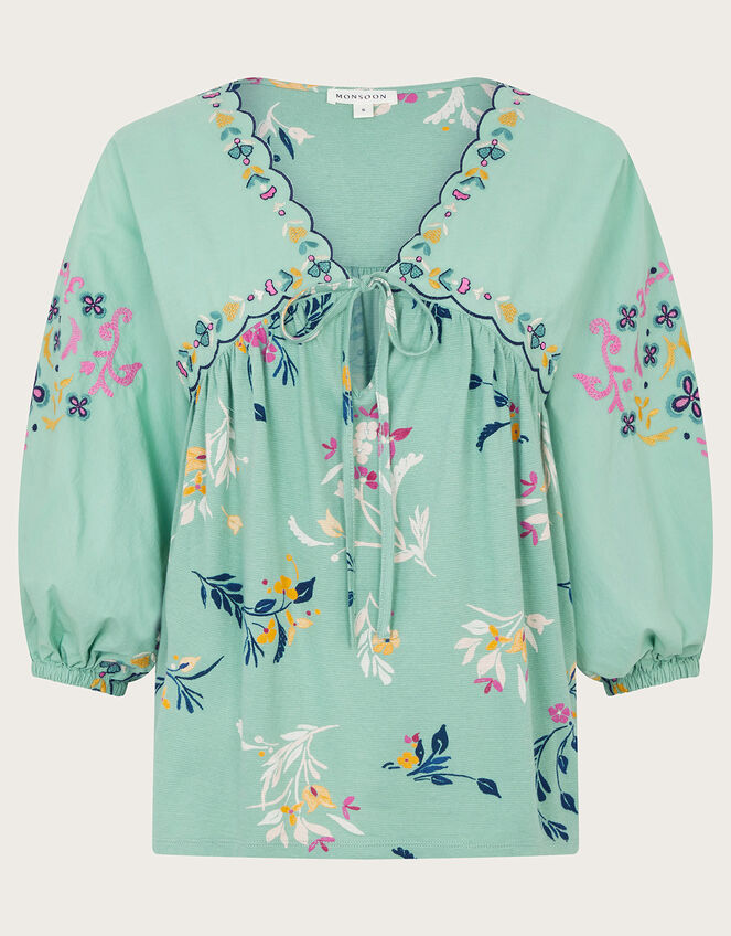 Maya Floral Embroidered Top, Green (GREEN), large